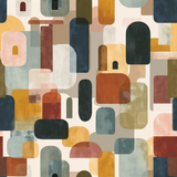 Abstract earth-toned wallpaper with rounded shapes and architectural details.