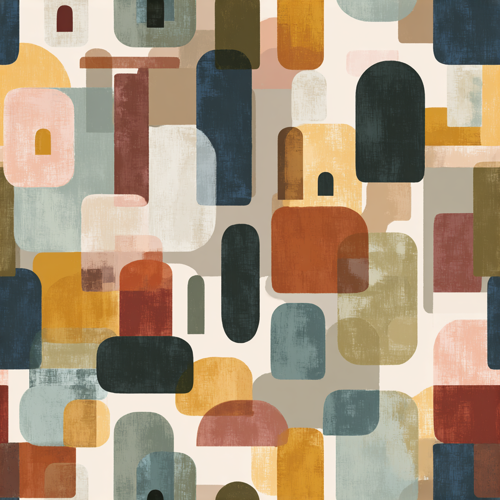 Abstract earth-toned wallpaper with rounded shapes and architectural details.