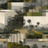 Scenic landscape wallpaper with geometric block pattern and palm trees.
