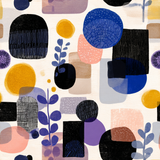 Abstract patterned wallpaper featuring shapes and foliage in muted, earthy tones.