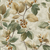 Botanical wallpaper with green and brown leaves on branches, against a beige textured background.