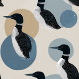 Northlake Loon modern wallpaper with loon bird pattern and circular background shapes.