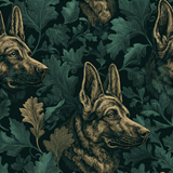 Botanical wallpaper with German Shepherd portraits amidst teal and tan foliage.