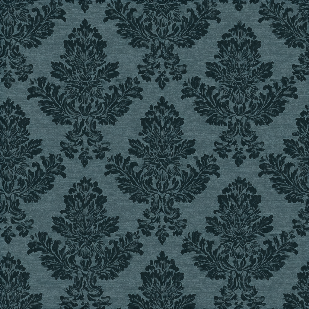 Teal damask wallpaper with a textured finish and dark floral pattern.