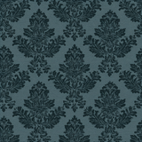 Teal damask wallpaper with a textured finish and dark floral pattern.