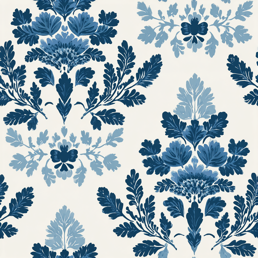 Blue Delft Hearthstone wallpaper with floral damask pattern.
