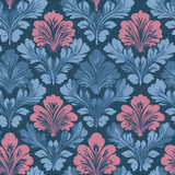 Floral palisade wallpaper with blue and pink damask pattern.