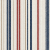 Striped wallpaper with vertical red, blue, and beige lines.