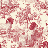 Red and cream toile wallpaper with dogs and garden scenes.
