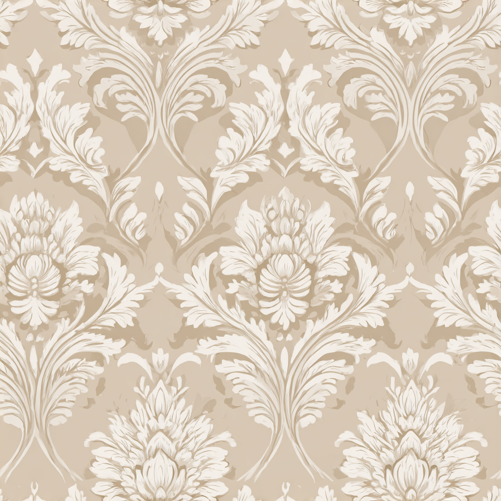 Beige damask wallpaper with floral pattern and shadowing.