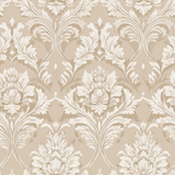 Beige damask wallpaper with floral pattern and shadowing.