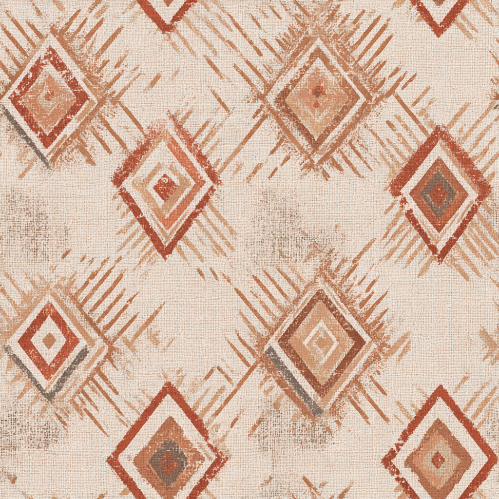 Diamond weave wallpaper in clay tones, patterned with rustic square motifs.