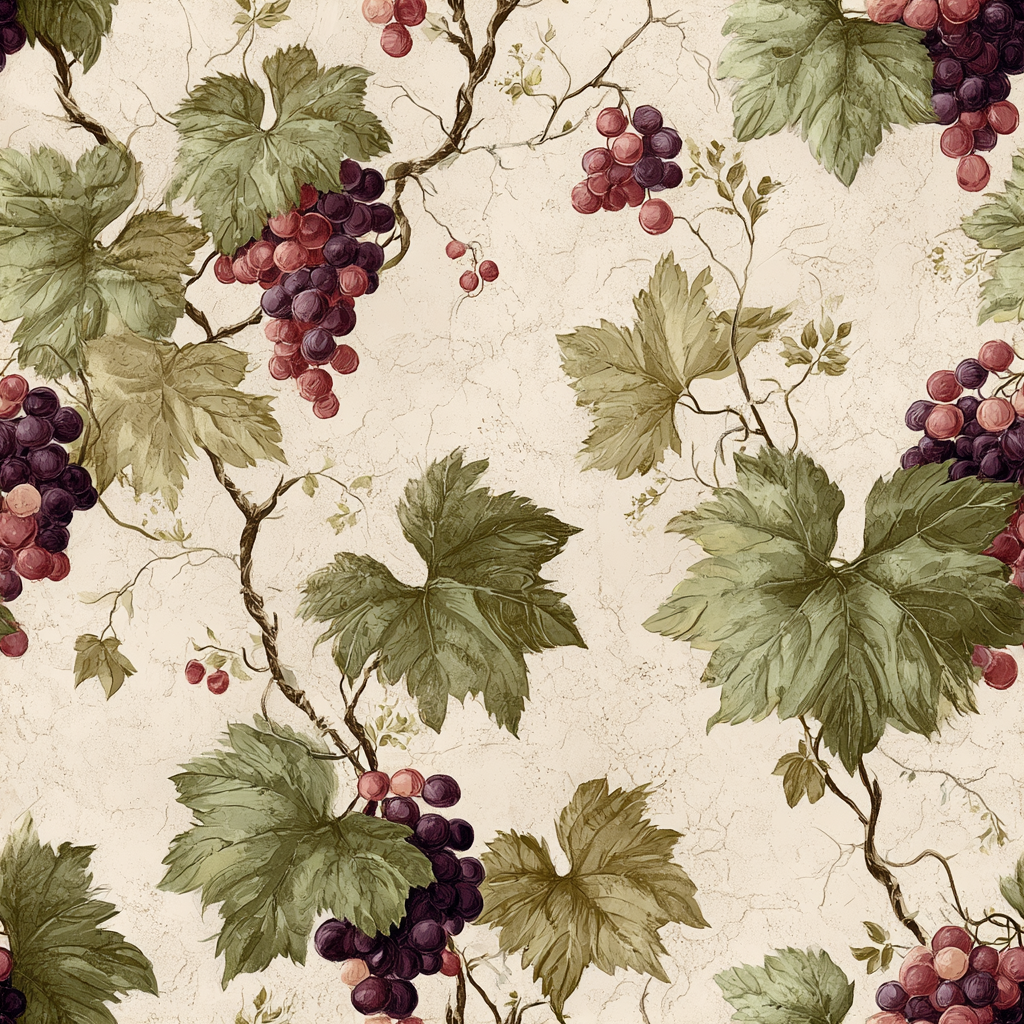 Vineyard Reverie wallpaper with clusters of grapes and green leaves on a beige textured background.
