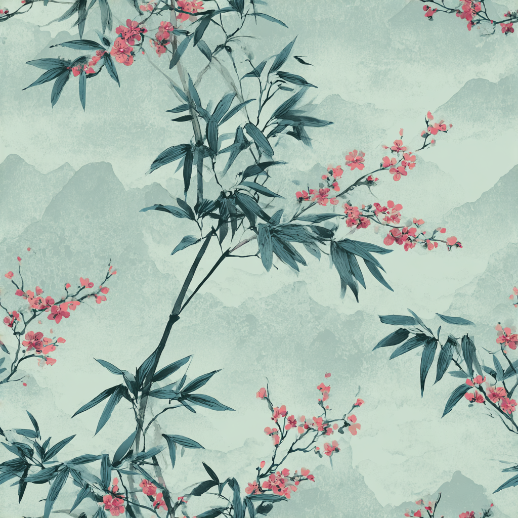 Sakura Mist Wallpaper with bamboo stalks and mountain background, in a painterly Asian style.