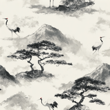 Zen Summit Wallpaper with cranes, trees, and mountains in black and white.
