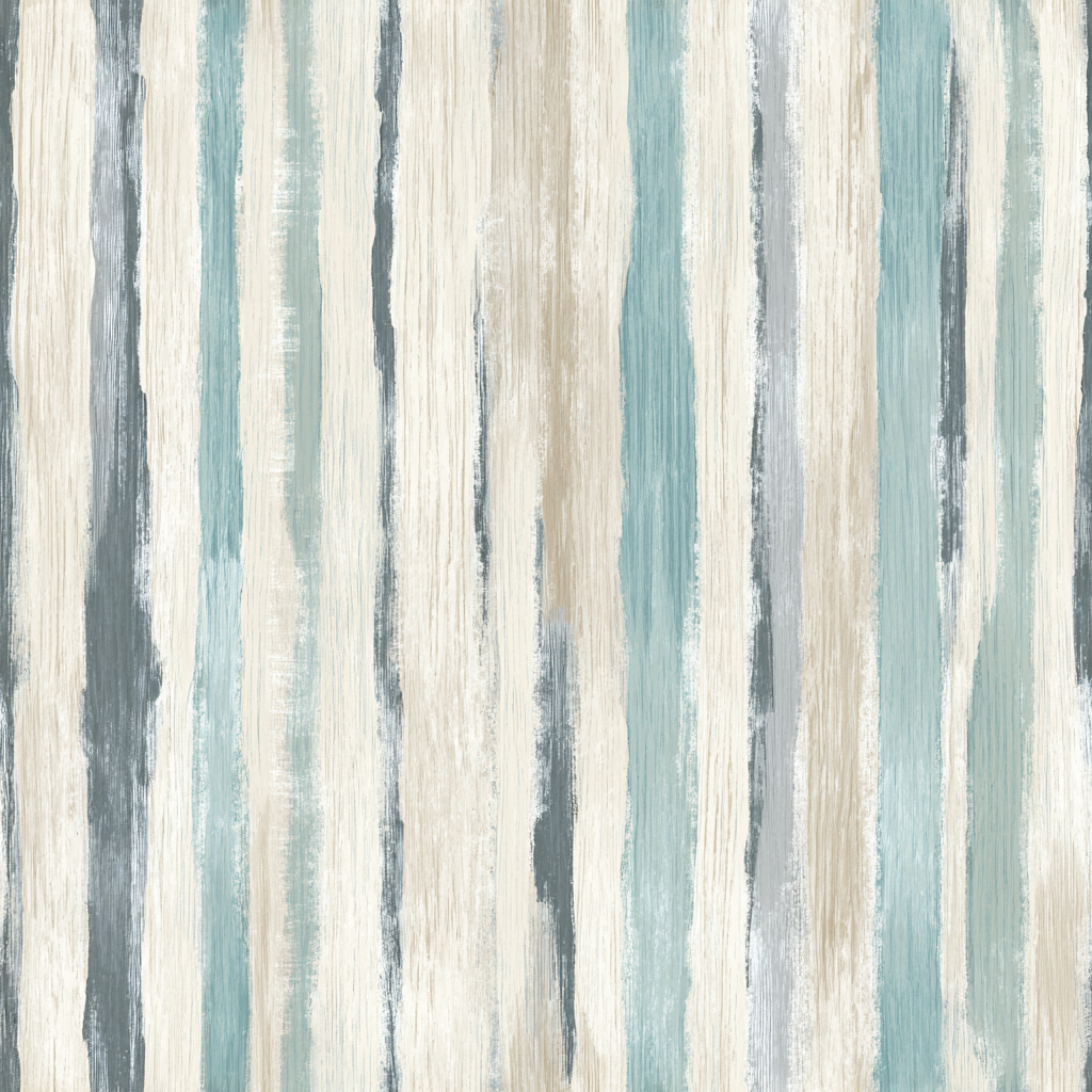 Coastal stripes wallpaper with vertical pattern by Brewster, featuring blue, gray, and beige tones.