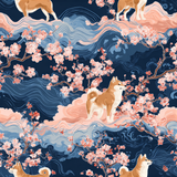 Kyoto Canine wallpaper with Shiba Inu dogs and cherry blossoms, on a dark blue background.
