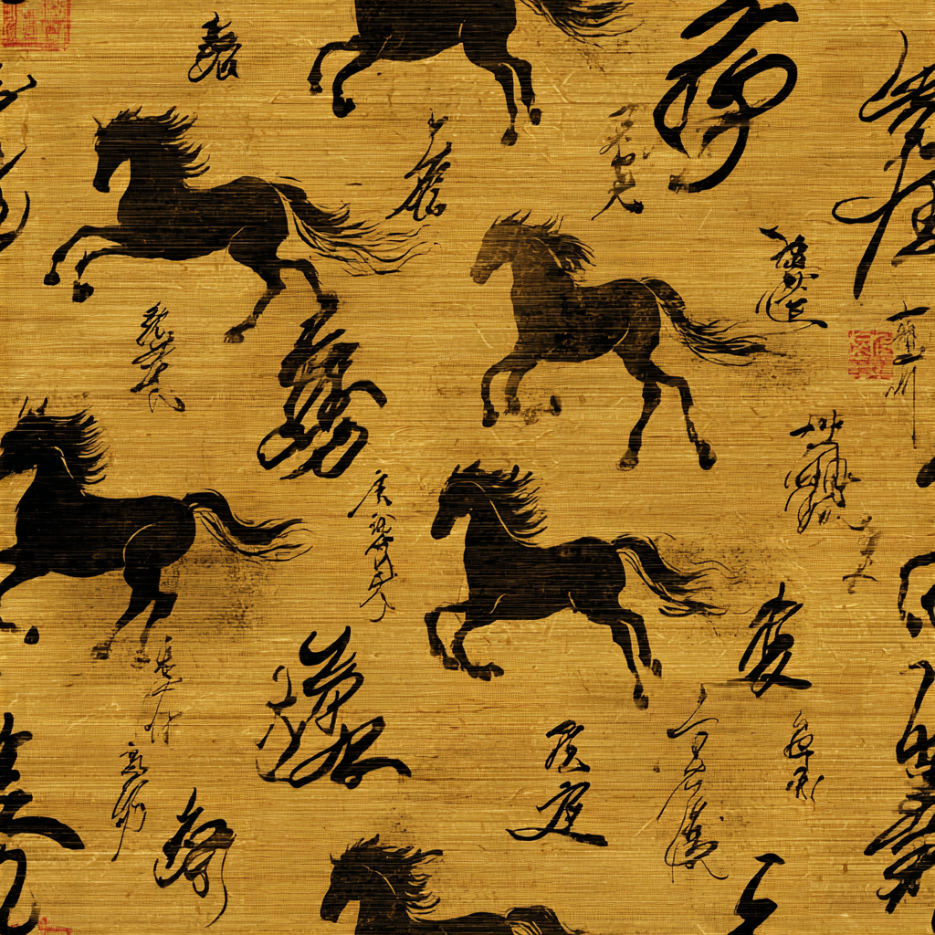 Textured wallpaper with horse and calligraphy pattern, in shades of gold.
