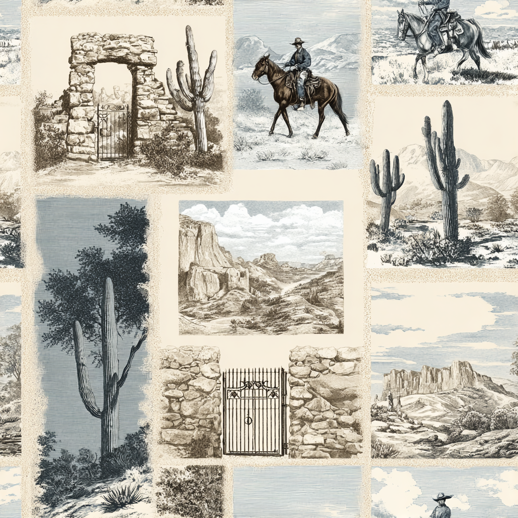 Canyon Sketch wallpaper with desert scenes and architectural sketches, in neutral tones.

