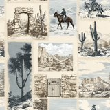 Canyon Sketch wallpaper with desert scenes and architectural sketches, in neutral tones.

