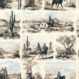 Sonoran Vignette Wallpaper with a sepia Western-themed toile pattern featuring desert landscapes and cowboys.