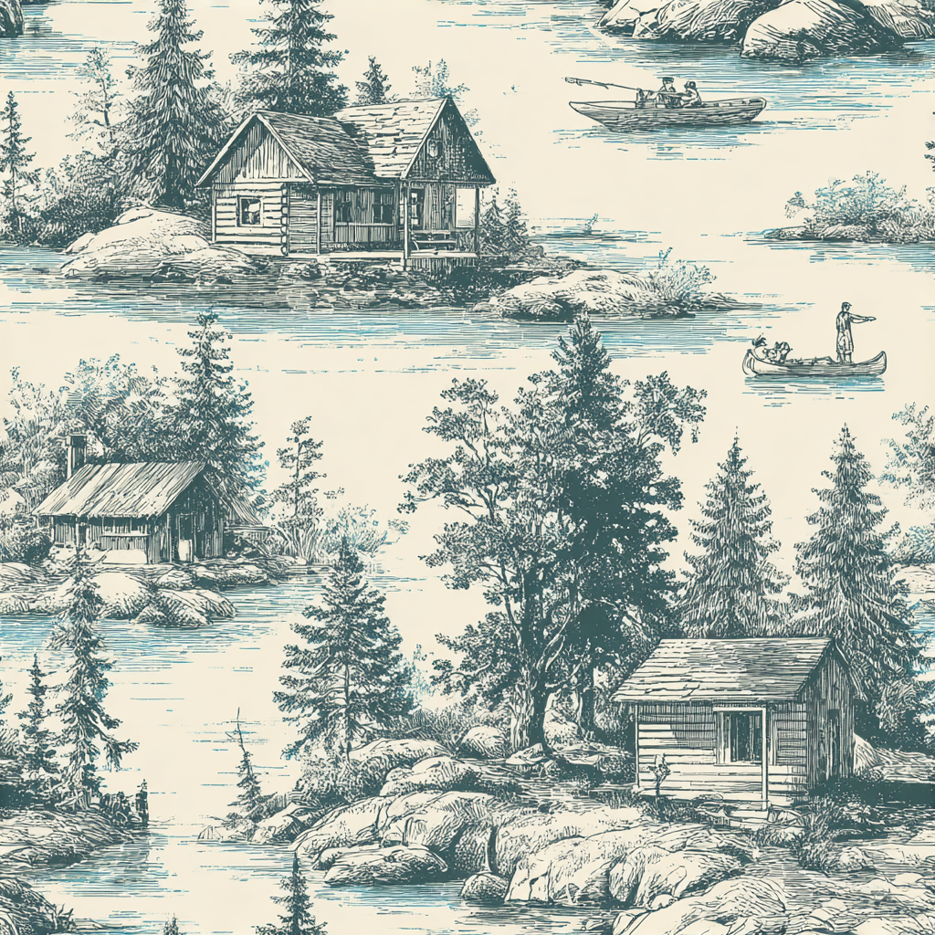 Cabin Sketches wallpaper with rustic scenes of lakes and cabins.