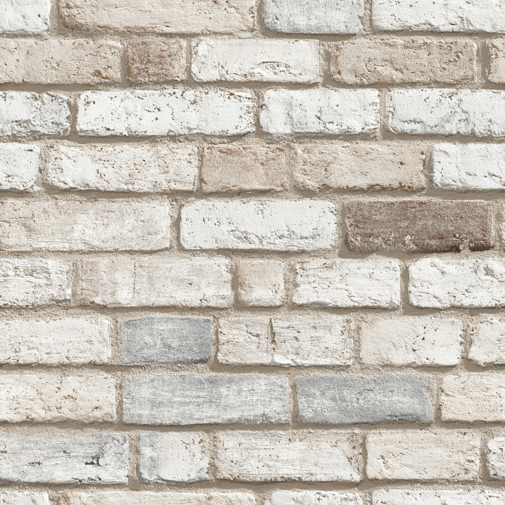 Limestone Lane wallpaper featuring a realistic brick design in mixed white, tan and grey hues.
