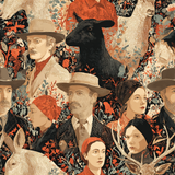 Patterned wallpaper with portraits of people and animals among red and blue flora.