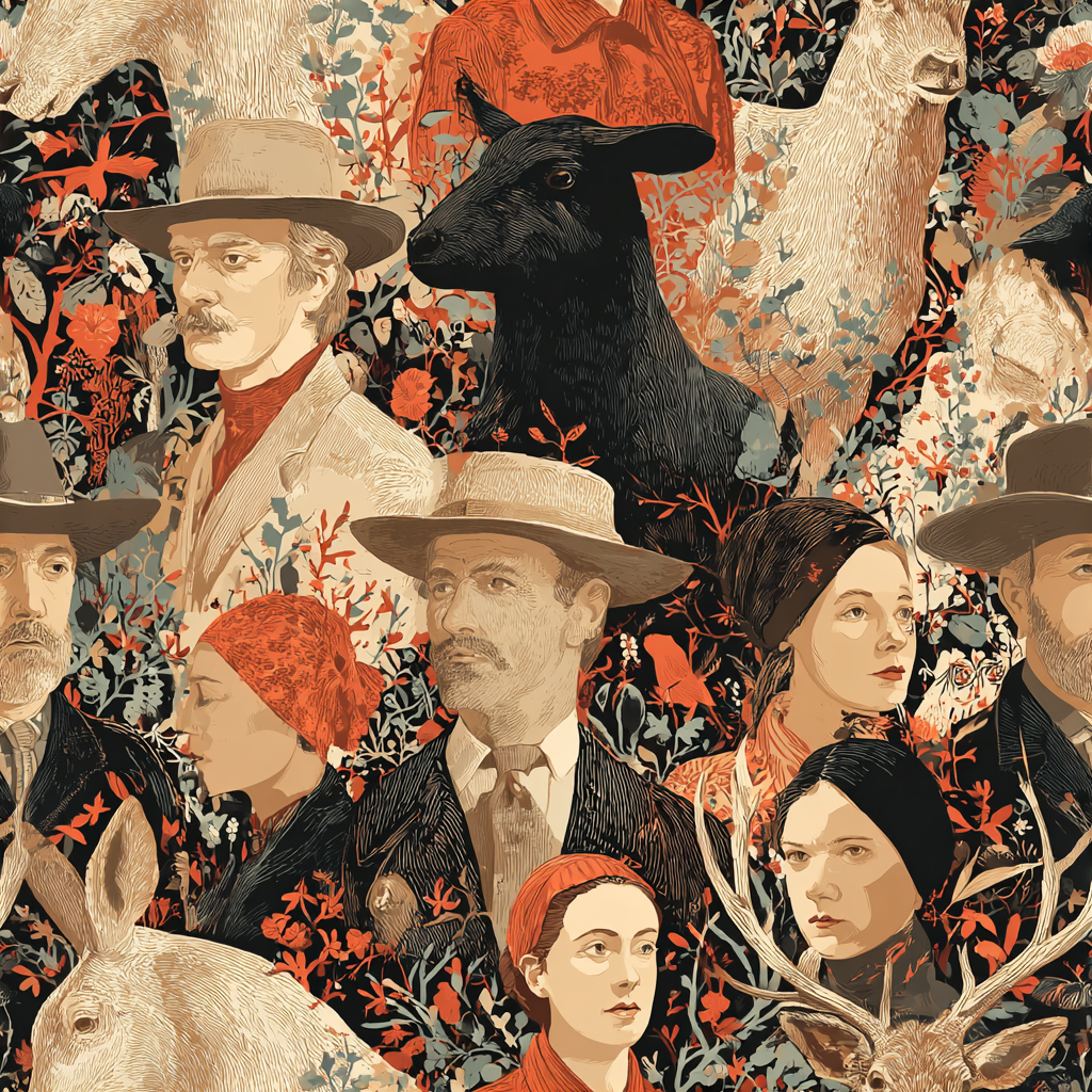 Patterned wallpaper with portraits of people and animals among red and blue flora.