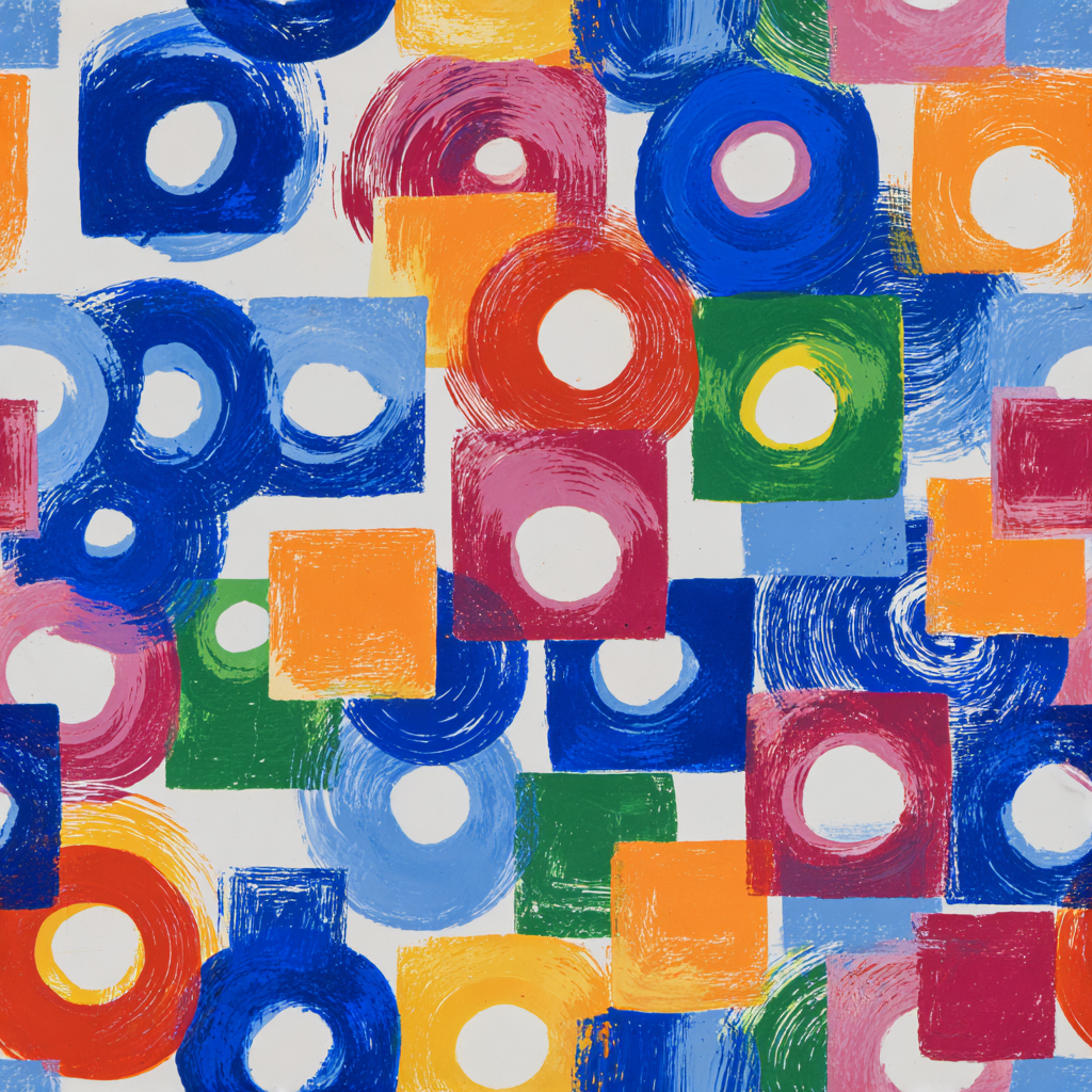 Colorful geometric wallpaper with square and circular shapes on a white background.