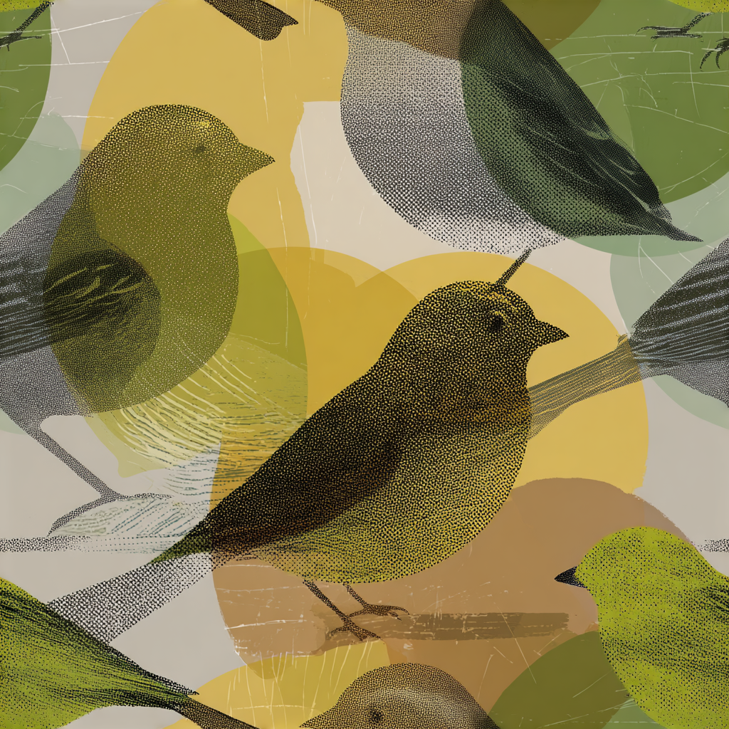 Larkshade wallpaper with bird pattern and overlapping yellow and green circles.
