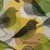 Larkshade wallpaper with bird pattern and overlapping yellow and green circles.
