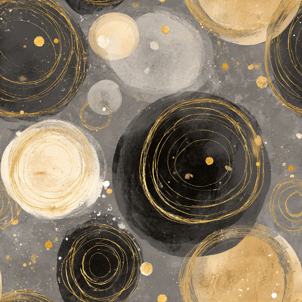 Abstract gray wallpaper with gold circles, dots and brushstrokes.
