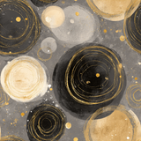 Abstract gray wallpaper with gold circles, dots and brushstrokes.