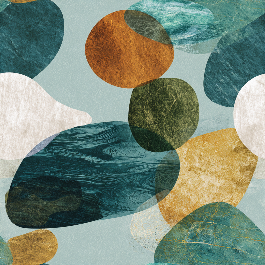 Abstract wallpaper with overlapping organic shapes in teal, gold, and white.