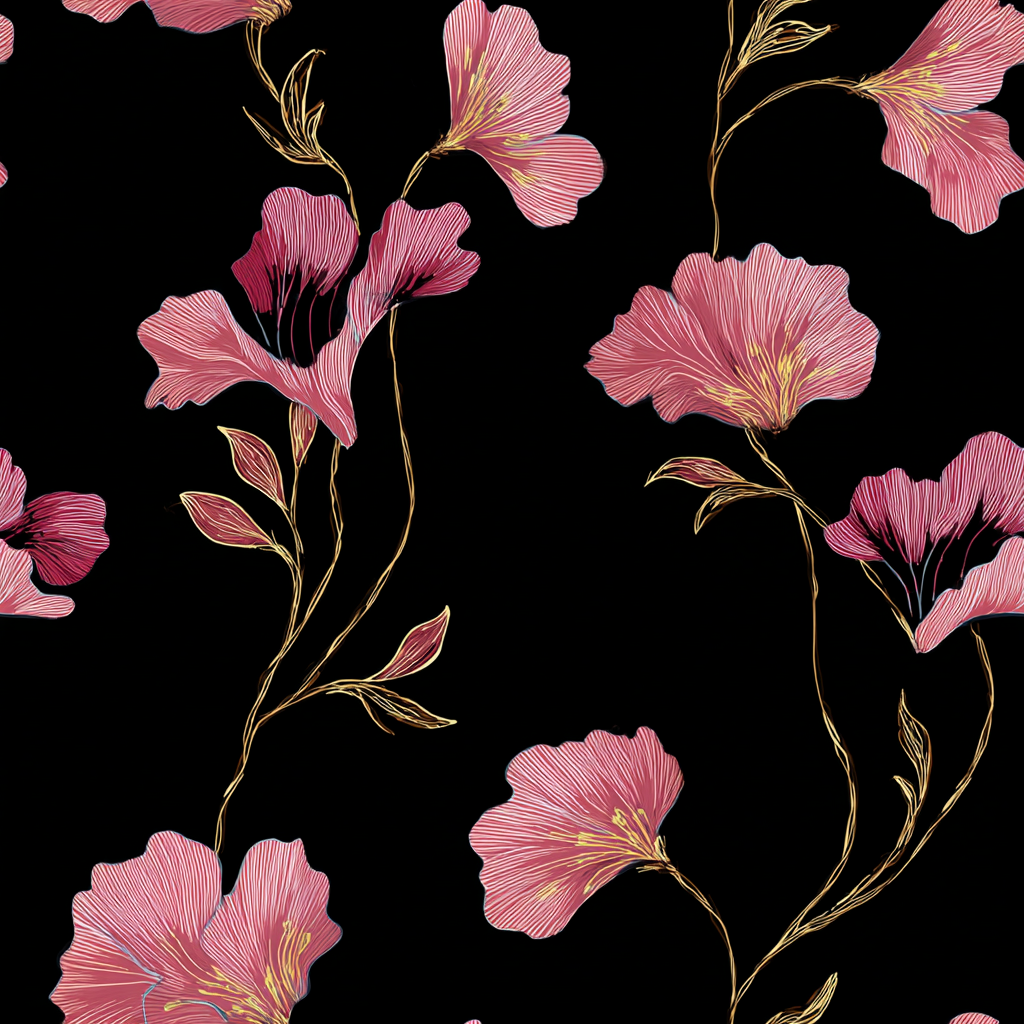 Floral bliss wallpaper with pink flowers on a black background.