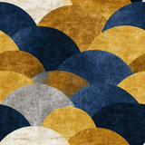 Textured arch wallpaper in blue, gold, and silver, in a repeating fan pattern.