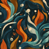 Abstract wallpaper with orange and blue shapes on a dark background.