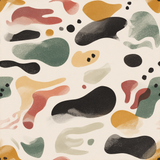 Abstract wallpaper featuring red, green, and yellow shapes on an off-white textured background.