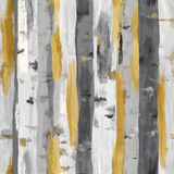 Abstract birch wallpaper with brass accents, featuring gray, white, and gold vertical stripes.