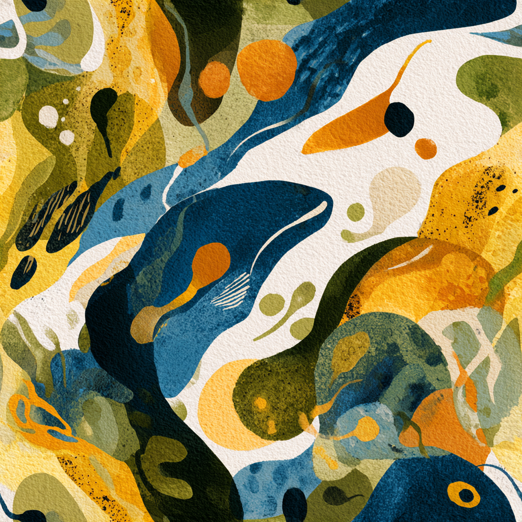 Abstract ochre estuary wallpaper, with blue, green, and yellow organic shapes.