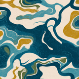 Abstract estuarine drift wallpaper with flowing blue, yellow, and green shapes on an ivory background.