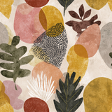 Abstract botanical cutouts wallpaper with earth tone colors.