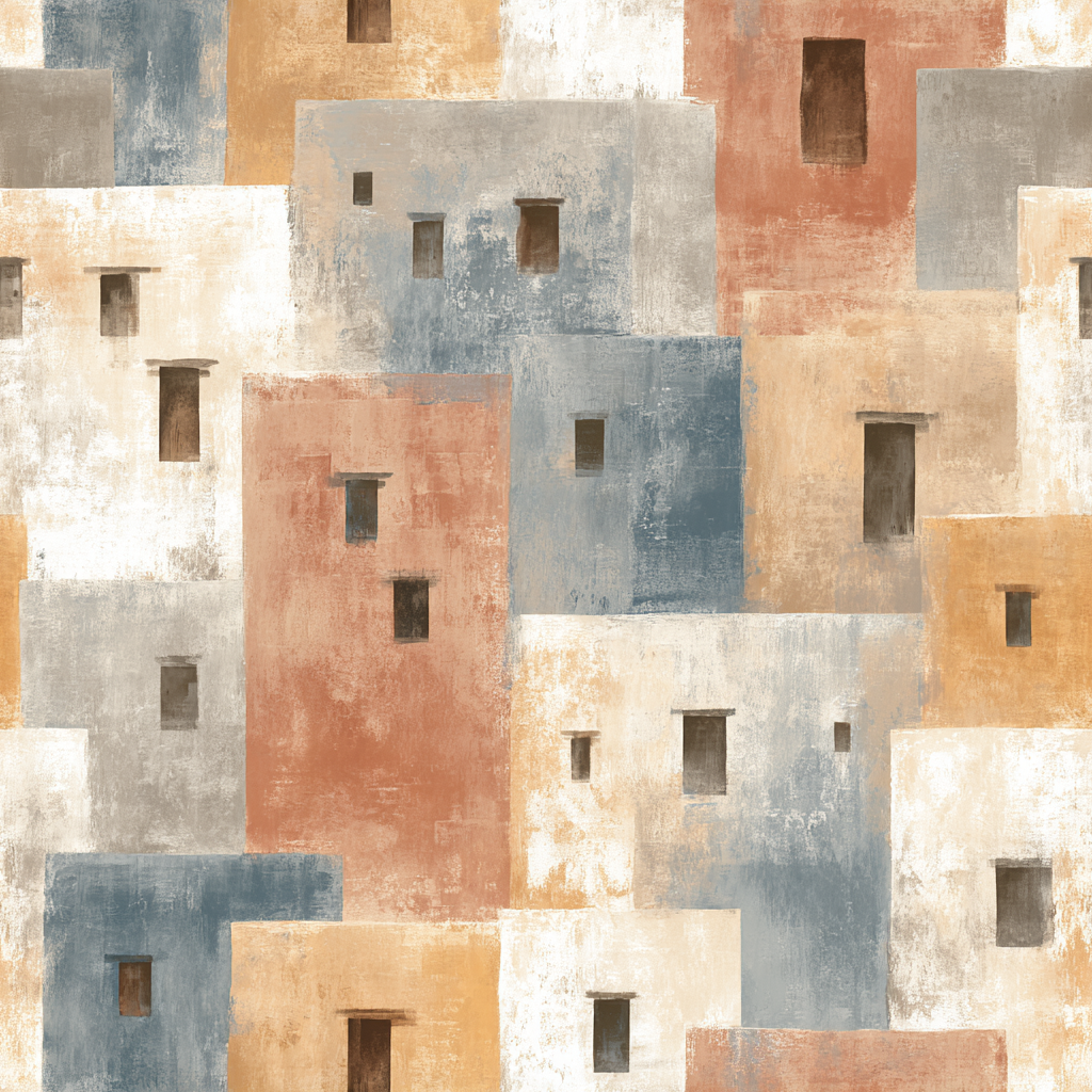 Abstract wallpaper featuring architectural forms in shades of orange, gray, and blue.