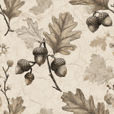 Beige wallpaper with oak leaves and acorns pattern on a textured background.