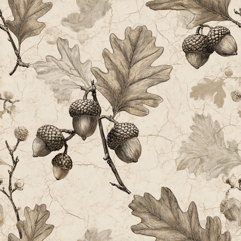 Beige wallpaper with oak leaves and acorns pattern on a textured background.