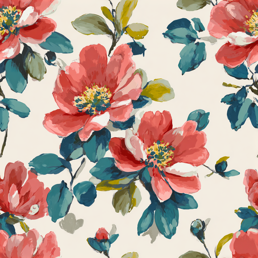 Roselle Court wallpaper with coral and teal floral pattern on a light background.