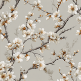 Floral bloom wallpaper with branches by [Vendor]. A neutral-toned wallpaper with a delicate cherry blossom pattern.
