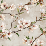 Floral almond wallpaper with branches of white flowers, against a textured beige background.
