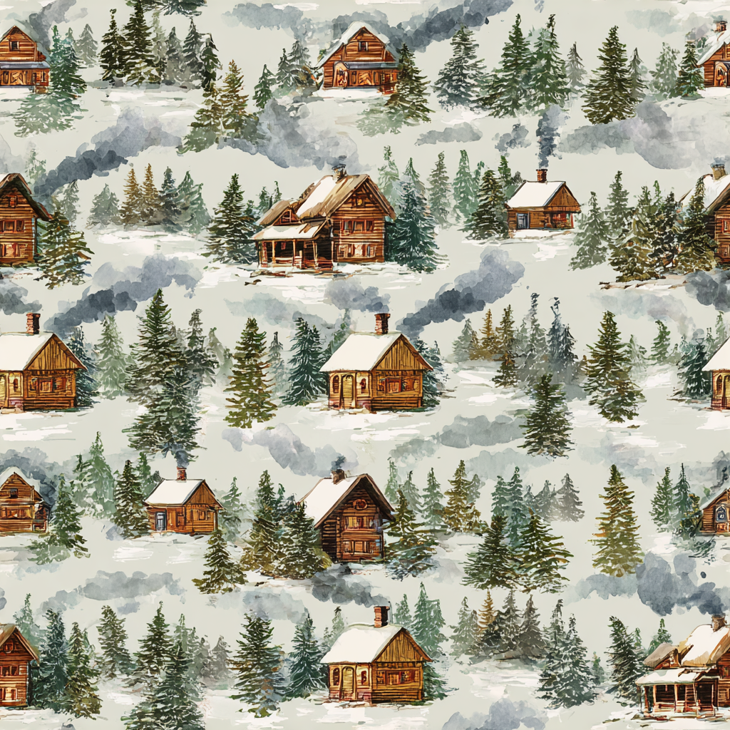 Cabin Ridge wallpaper with a snowy forest and cabin pattern.